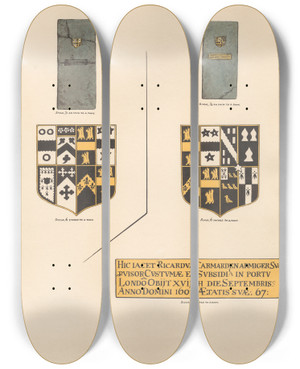 Triptych art skateboard deck of Daniel Lysons Memorials To Richard Carmarden And Thomas Wigg Chislehurst by Daniel Lysons (1762-1834)