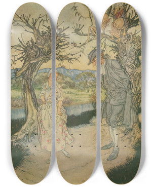 Triptych art skateboard deck of Arthur Rackham Sauntering Along In The Twilight by Arthur Rackham (1867-1939)