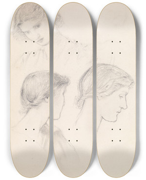 Triptych art skateboard deck of Sir Edward Coley Burnejones Female Head Study Of A Girl Three Studies by Sir Edward Coley Burne-Jones (1833-1898)