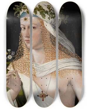 Triptych art skateboard deck of Bartolomeo Veneto Idealised Portrait Of A Courtesan As Flora by Bartolomeo Veneto (1502-1531)