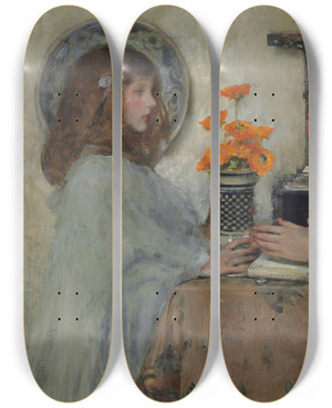Triptych art skateboard deck of James Jebusa Shannon The Offering by James Jebusa Shannon (1862-1923)