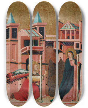 Triptych art skateboard deck of Master Of The Cini Madonna Annunciation by Master Of The Cini Madonna (14-)