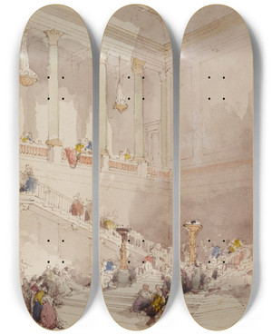 Triptych art skateboard deck of Eugne Lami Figures On The Staircase Of A Palace by Eugene Lami (1800-1890)