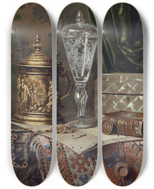 Triptych art skateboard deck of Ernst Czernotzky Antiquittenstillleben by Ernst Czernotzky (1869-1939)