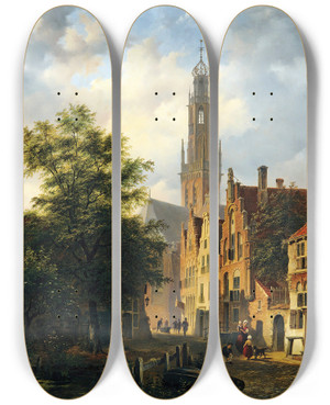 Triptych art skateboard deck of Bartholomeus Johannes Van Hove Bakenesserkerk Seen From The Valkestraat Haarlem by Bartholomeus Johannes Van Hove (1790-1880)