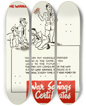 Triptych art skateboard deck of Ricky Rcaf War Savings Certificates by Ricky RCAF (20-)