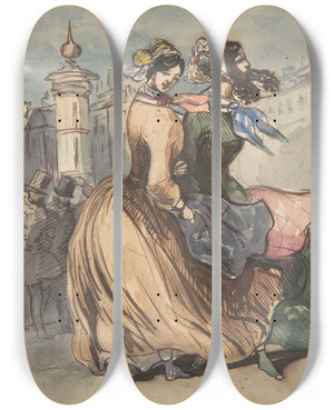 Triptych art skateboard deck of Constantin Guys Two Grisettes by Constantin Guys (1805-1892)