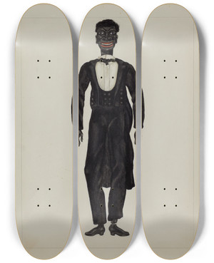 Triptych art skateboard deck of Verna Tallman Minstrel Puppet by Verna Tallman