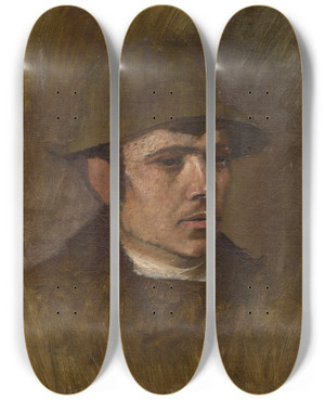 Triptych art skateboard deck of Ladislav Mednynszky Head Of A Worker In A Hat by Ladislav Mednyanszky (1852-1919)