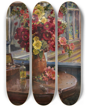 Triptych art skateboard deck of Georgy Konstantinovich Savitsky Still Life With Hollyhocks by Georgy Konstantinovich Savitsky (1887-1949)