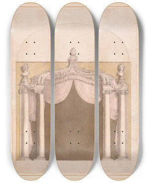 Triptych art skateboard deck of Giuseppe Valeriani Design For An Alcove by Giuseppe Valeriani (1708-1762)