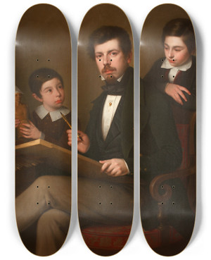 Triptych art skateboard deck of Antonio Mara Esquivel Selfportrait With His Sons Carlos And Vicente by Antonio Maria Esquivel (1806-1857)