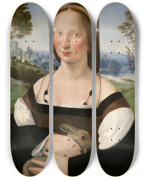 Triptych art skateboard deck of Ridolfo Ghirlandaio Portrait Of A Lady With Arabbit by Ridolfo Ghirlandaio (1483-1561) Triptych art skateboard deck of Ridolfo Ghirlandaio Portrait Of A Lady With Arabbit by Ridolfo Ghirlandaio (1483-1561)