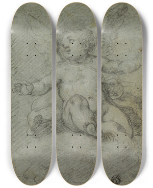 Triptych art skateboard deck of Denys Calvaert Putto Seated On Clouds by Denys Calvaert (1540-1619)