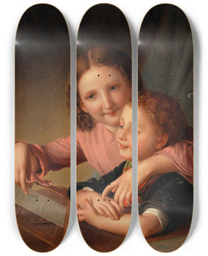 Triptych art skateboard deck of Johann Baptist Reiter The Lesson by Johann Baptist Reiter (1813-1890)