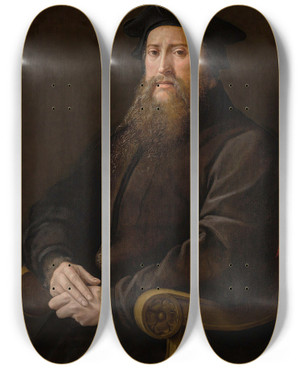 Triptych art skateboard deck of Girolamo Mazzola Bedoli Portrait Of A Gentleman by Girolamo Mazzola Bedoli (1500-1569)