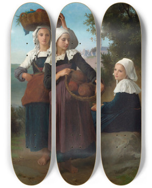 Triptych art skateboard deck of William Bouguereau Fouesnant Girls Returning From The Market by William Bouguereau (1825-1905)