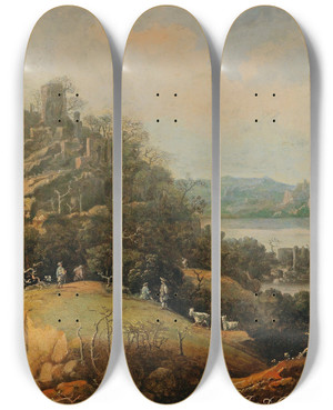 Triptych art skateboard deck of Adriaen Bloemaert A River Landscape With A Ruin And Figures by Adriaen Bloemaert (1609-1666)