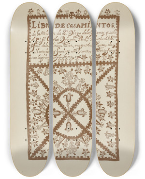 Triptych art skateboard deck of American 20Th Century Plate 1 Jemez Book Of Marriages From Portfolio Spanish Colonial Designs Of New Mexico_1 by American 20Th Century