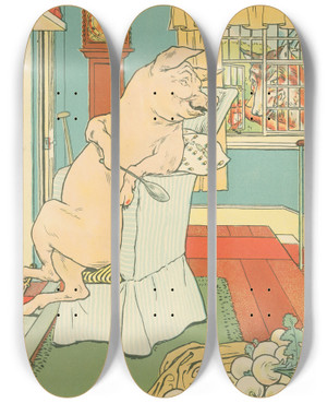 Triptych art skateboard deck of Leonard Leslie Brooke The Wolf Looks In The Window by Leonard Leslie Brooke (1862-1940)
