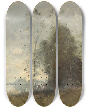 Triptych art skateboard deck of Paul Dsir Trouillebert Personnages Au Bord De La Loire Gennes by Paul Desire Trouillebert (1829-1900)