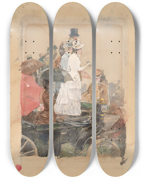 Triptych art skateboard deck of Childe Hassam Spectators At The Grand Prix by Childe Hassam (1859-1935)