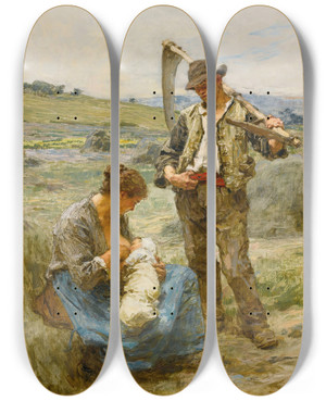 Triptych art skateboard deck of Lon Augustin Lhermitte Maternit Or Heureuse Famille by Lon Augustin Lhermitte (1844-1925)