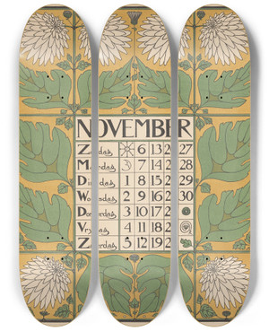 Triptych art skateboard deck of Theo Nieuwenhuis Kalenderblad Voor November 1898 by Theo Nieuwenhuis (1866-1951)