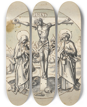 Triptych art skateboard deck of Circle Of Hans Holbein The Elder Crucifixion Of Christ With Mary And John by Circle Of Hans Holbein The Elder (1465-1524) Triptych art skateboard deck of Circle Of Hans Holbein The Elder Crucifixion Of Christ With Mary And John by Circle Of Hans Holbein The Elder (1465-1524)
