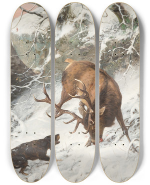 Triptych art skateboard deck of Carl Friedrich Deiker Hound Catching A Royal Stag by Carl Friedrich Deiker (1836-1892)