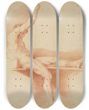 Triptych art skateboard deck of Edm Bouchardon Sitzender Mnnlicher Akt Nach Rechts Mit Hochgelegtem Linkem Bein Und Erhobenem Rechtem Arm by Edme Bouchardon (1698-1762)