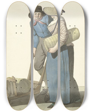 Triptych art skateboard deck of W Barthautz Vrouw Naast Een Man Met Een Kruiwagen by W Barthautz (18-19-)