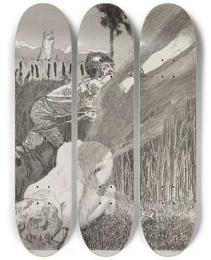 Triptych art skateboard deck of Max Klinger Der Fuss Zelt Opus Xiv 1 Teil Nr 16 by Max Klinger (1857-1920)