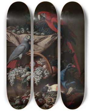 Triptych art skateboard deck of Jacob Van De Kerckhoven Still Life With Two Parrots A Guinea Piga Basket Of Fruit And Fowl by Jacob van de Kerckhoven (1637-1712)