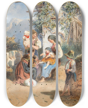 Triptych art skateboard deck of Carl Goebel The Younger A Peasant Family Idyl by Carl Goebel The Younger (1824-1899)