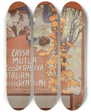 Triptych art skateboard deck of Adolfo Hohenstein Cassa Nazionale Mutua Cooperativa Per Le Pensioni by Adolfo Hohenstein (1854-1928)