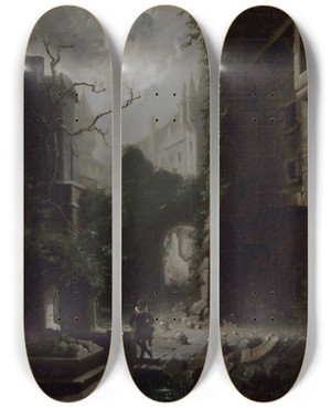 Triptych art skateboard deck of Carl Spitzweg Moonlit Scene With Castle Ruins by Carl Spitzweg (1808-1880)
