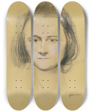 Triptych art skateboard deck of Jeanlouis Forain Head Of A Woman by Jean Louis Forain (1852-1931)