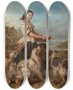 Triptych art skateboard deck of William Powell Frith The Gamekeepers Daughter by William Powell Frith (1819-1909)