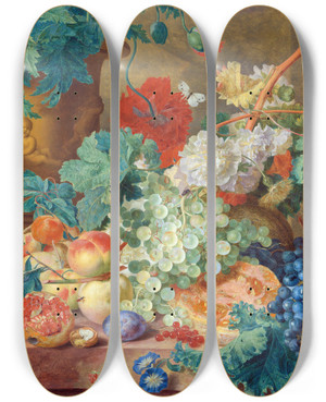 Triptych art skateboard deck of Jan Van Huysum Still Life With Flowers And Fruit_3 by Jan Van Huysum (1682-1749)