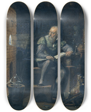 Triptych art skateboard deck of Paul Delaroche Palissy In His Workshop by Paul Delaroche (1797-1856)