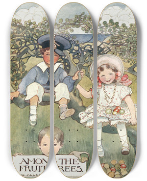 Triptych art skateboard deck of Olive Allen Among The Fruit Trees by Olive Allen (1879-1957)