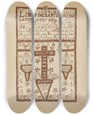 Triptych art skateboard deck of American 20Th Century Plate 2 Jemez Book Of Baptisms From Portfolio Spanish Colonial Designs Of New Mexico_3 by American 20Th Century