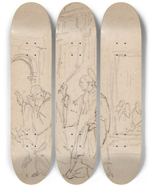 Triptych art skateboard deck of Prosper Lafaye Scne De La Vie De Saint Benot by Prosper Lafaye (1806-1883)