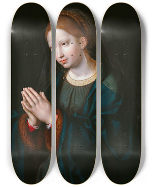 Triptych art skateboard deck of Joos Van Cleve The Virgin In Prayer by Joos Van Cleve (1485-1541)
