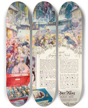 Triptych art skateboard deck of Willy Pogany Djerkiss Lesprit Joyeux De Noel by Willy Pogany (1882-1955)