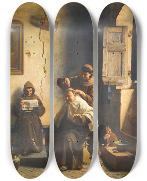Triptych art skateboard deck of Pietro Saltini A Close Shave by Pietro Saltini (1839-1908)