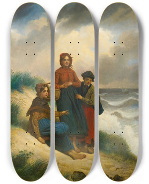 Triptych art skateboard deck of Jacob Joseph Eeckhout Les Enfants Sur La Plage Ou Lattente Du Pcheur by Jacob Joseph Eeckhout (1793-1861)