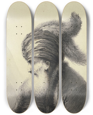 Triptych art skateboard deck of Johann Andreas Benjamin Nothnagel Brtiger Alter Mit Turban Mit Zwei Langen Federn Im Profil Nach Links by Johann Andreas Benjamin Nothnagel (1729-1804)