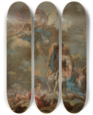 Triptych art skateboard deck of Pierre Charles Jombert The Punishment Of The Arrogant Niobe By Diana And Apollo by Pierre Charles Jombert (1748-1825)